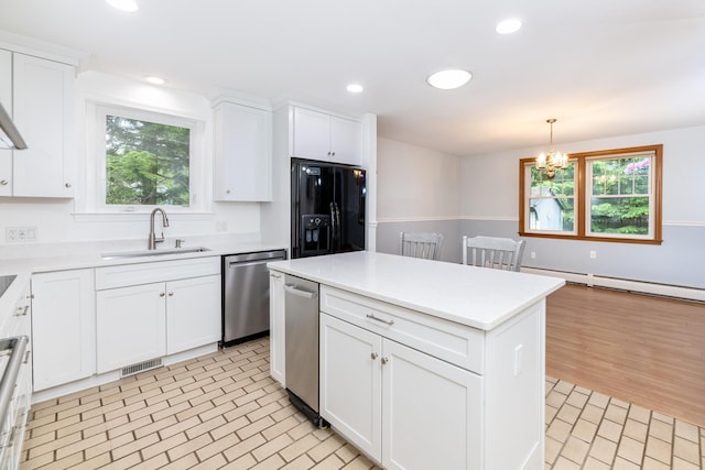 11 Penny Ln, Laconia, NH 03246 - kitchen with black refrigerator with ice dispenser, dishwasher, a baseboard radiator, recessed lighting, and a chandelier