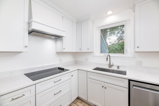 11 Penny Ln, Laconia, NH 03246 - kitchen featuring stainless steel dishwasher, black electric cooktop, white cabinets, light countertops, and custom range hood