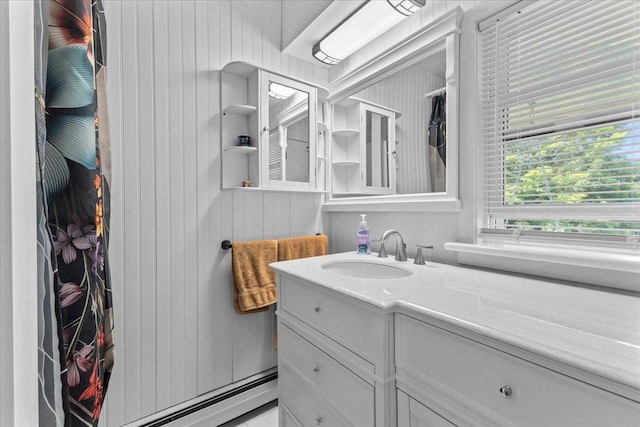 564 St Albans Rd, Swanton, VT 05488 - bathroom featuring vanity, wood walls, and baseboard heating