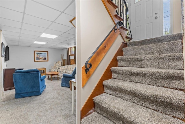564 St Albans Rd, Swanton, VT 05488 - stairs with carpet, a drop ceiling, and healthy amount of natural light