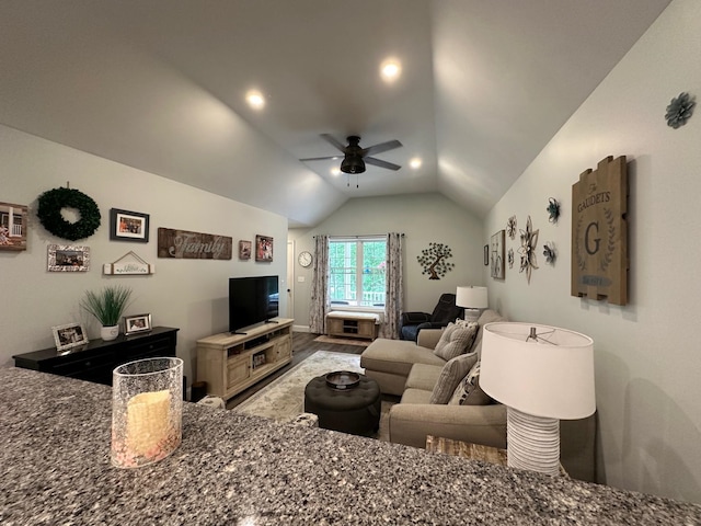326 Dublin Rd, Jaffrey, NH 03452 - living room with a ceiling fan, vaulted ceiling, wood finished floors, and recessed lighting
