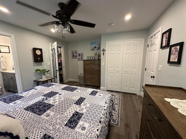 326 Dublin Rd, Jaffrey, NH 03452 - bedroom featuring a closet, dark wood-style floors, ceiling fan, ensuite bath, and recessed lighting