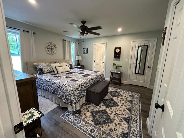 326 Dublin Rd, Jaffrey, NH 03452 - bedroom featuring dark wood-type flooring, multiple windows, recessed lighting, and a ceiling fan