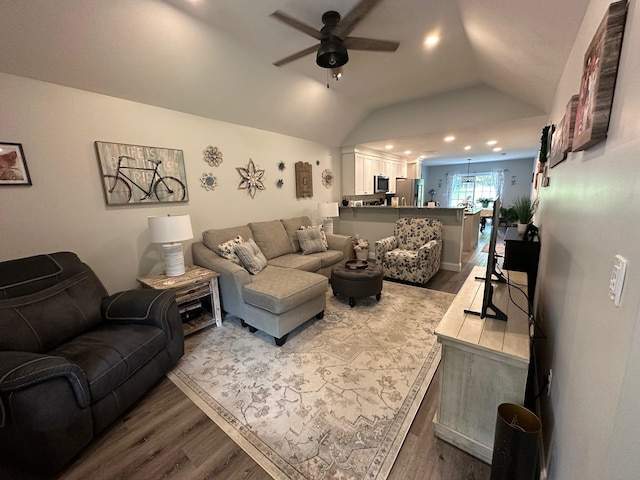 326 Dublin Rd, Jaffrey, NH 03452 - living room featuring wood finished floors, a ceiling fan, lofted ceiling, and recessed lighting