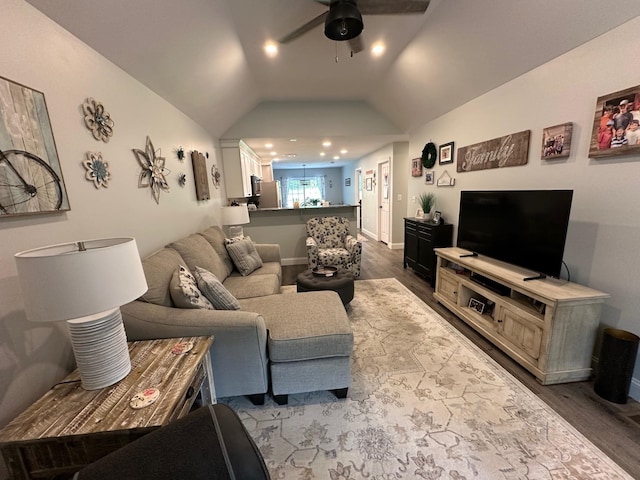 326 Dublin Rd, Jaffrey, NH 03452 - living area with ceiling fan, dark wood-style flooring, lofted ceiling, and recessed lighting