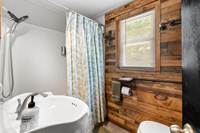 35 Alpstrausse Rd, Bartlett, NH 03845 - bathroom with wood walls, curtained shower, ornamental molding, and wood finished floors