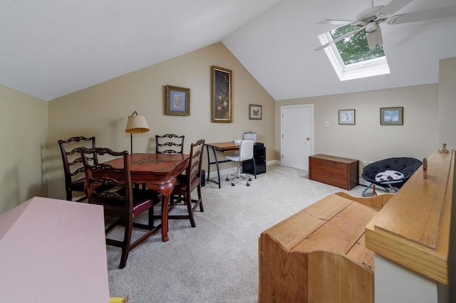 36 Circle Dr # 3, Ashland, NH 03217 - dining area featuring light carpet, vaulted ceiling, a skylight, and ceiling fan