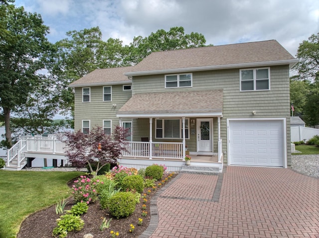 9 Blake Rd, Salem, NH 03079 - view of front facade featuring a porch, roof with shingles, decorative driveway, a front yard, and a garage