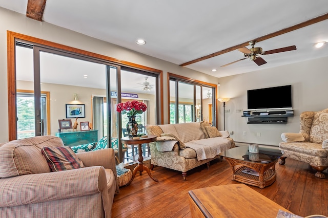 48 Merriman Forest Rd, Bartlett, NH 03812 - living area with ceiling fan, hardwood / wood-style flooring, and recessed lighting