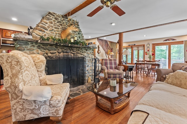 48 Merriman Forest Rd, Bartlett, NH 03812 - living room featuring ceiling fan, wood-type flooring, a fireplace, beam ceiling, and recessed lighting