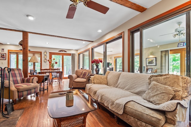 48 Merriman Forest Rd, Bartlett, NH 03812 - living area featuring ceiling fan, hardwood / wood-style floors, recessed lighting, and beamed ceiling