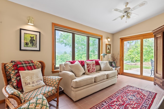 48 Merriman Forest Rd, Bartlett, NH 03812 - living room with ceiling fan, vaulted ceiling, and light tile patterned floors