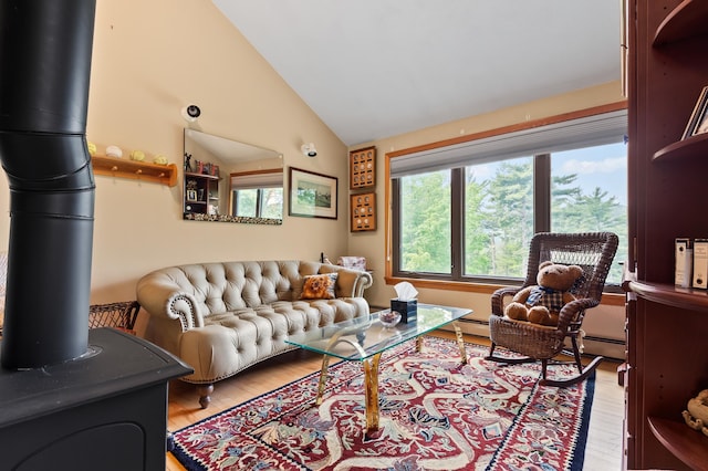 48 Merriman Forest Rd, Bartlett, NH 03812 - living area featuring light wood-style flooring, vaulted ceiling, and a wood stove