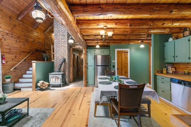 59 Ossipee Mountain Rd, Ossipee, NH 03814 - dining space featuring a wood stove, light wood-style floors, and wood ceiling