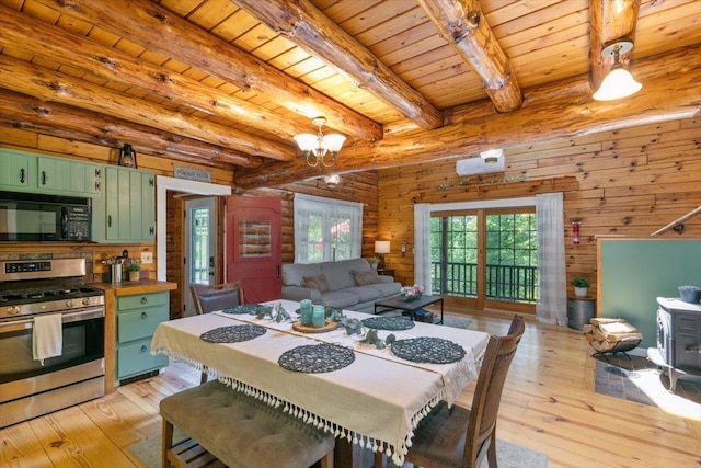 59 Ossipee Mountain Rd, Ossipee, NH 03814 - dining space featuring a wood ceiling with exposed beams, light wood-style flooring, a chandelier, and wooden walls