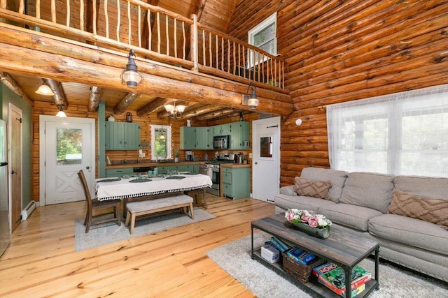 59 Ossipee Mountain Rd, Ossipee, NH 03814 - dining room featuring rustic walls, light wood-style floors, a baseboard heating unit, and a towering ceiling