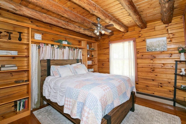 59 Ossipee Mountain Rd, Ossipee, NH 03814 - bedroom with a wooden ceiling with exposed beams, wood finished floors, and wood walls