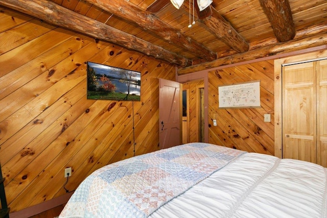 59 Ossipee Mountain Rd, Ossipee, NH 03814 - bedroom with a wooden ceiling with exposed beams and wooden walls