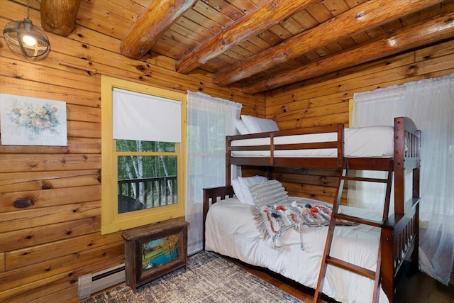 59 Ossipee Mountain Rd, Ossipee, NH 03814 - bedroom with a baseboard heating unit, a wooden ceiling with exposed beams, wooden walls, and wood finished floors