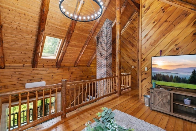 59 Ossipee Mountain Rd, Ossipee, NH 03814 - additional living space with wood ceiling, a skylight, hardwood / wood-style flooring, wooden walls, and healthy amount of natural light