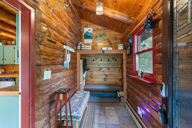 59 Ossipee Mountain Rd, Ossipee, NH 03814 - mudroom featuring lofted ceiling, wooden ceiling, wood walls, and log walls