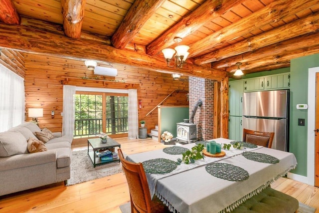 59 Ossipee Mountain Rd, Ossipee, NH 03814 - dining room with a wood stove, light wood-style flooring, and a wood ceiling with exposed beams