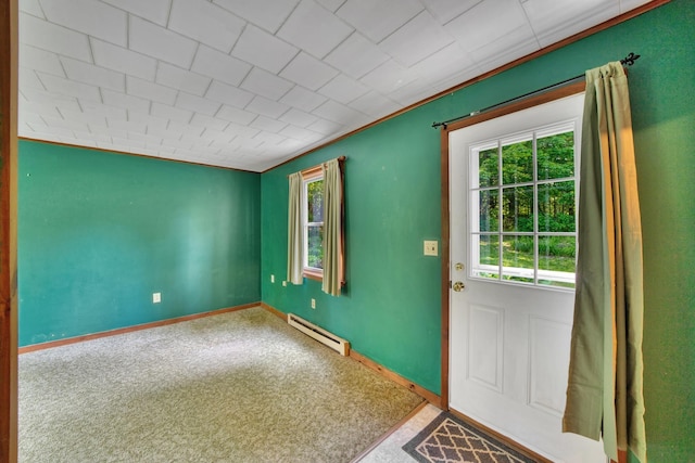 14 W Court Rd, Sunapee, NH 03782 - doorway featuring baseboard heating, healthy amount of natural light, carpet, and ornamental molding