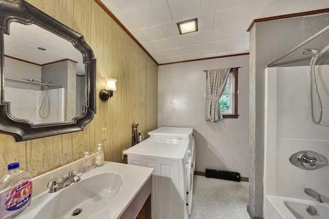 14 W Court Rd, Sunapee, NH 03782 - bathroom with washer and dryer, ornamental molding, wooden walls, shower / bath combination, and vanity