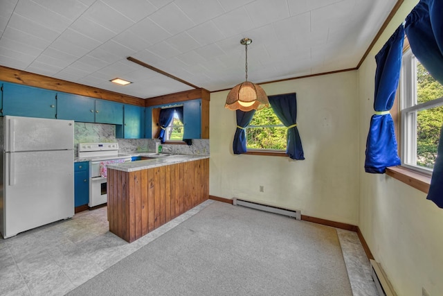 14 W Court Rd, Sunapee, NH 03782 - kitchen featuring white appliances, a baseboard heating unit, blue cabinets, a peninsula, and light countertops