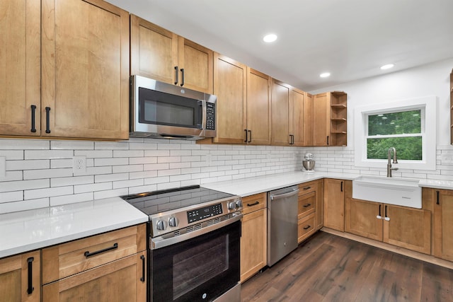 57 Central St, Farmington, NH 03835 - kitchen featuring appliances with stainless steel finishes, dark wood-style floors, open shelves, decorative backsplash, and light countertops