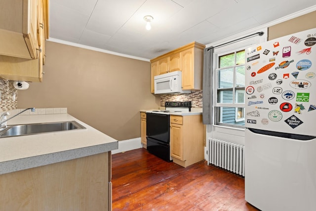 163B Locust St, Dover, NH 03820 - kitchen featuring white appliances, radiator, light brown cabinets, dark wood-style flooring, and ornamental molding