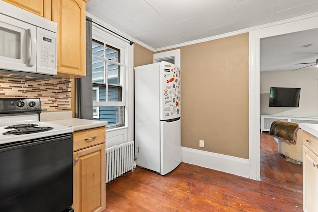 163B Locust St, Dover, NH 03820 - kitchen with white appliances, radiator heating unit, light brown cabinets, dark wood-type flooring, and tasteful backsplash