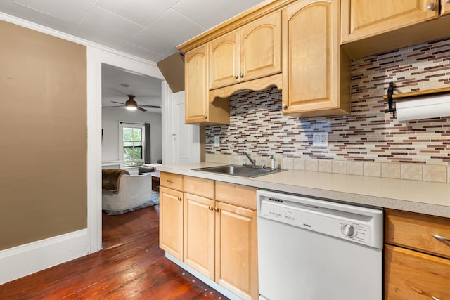 163B Locust St, Dover, NH 03820 - kitchen with dishwasher, light brown cabinetry, backsplash, and crown molding