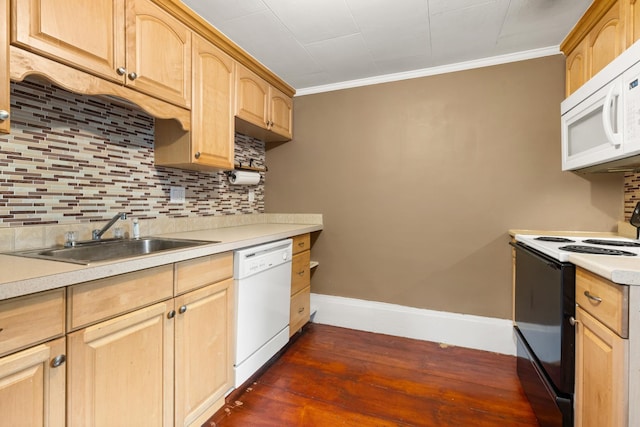 163B Locust St, Dover, NH 03820 - kitchen with white appliances, light brown cabinetry, dark wood-type flooring, backsplash, and ornamental molding