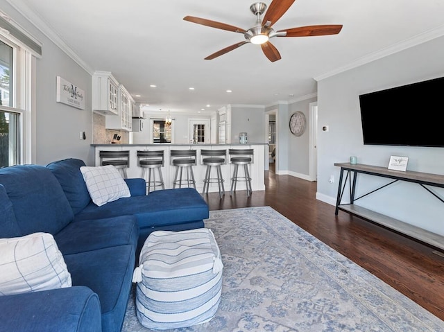 7 Reservoir Rd, Otis, MA 01253 - living area with a ceiling fan, dark wood-style flooring, recessed lighting, and ornamental molding