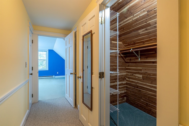 4 Spaulding St, Concord, NH 03301 - hall with a baseboard heating unit, carpet, and lofted ceiling