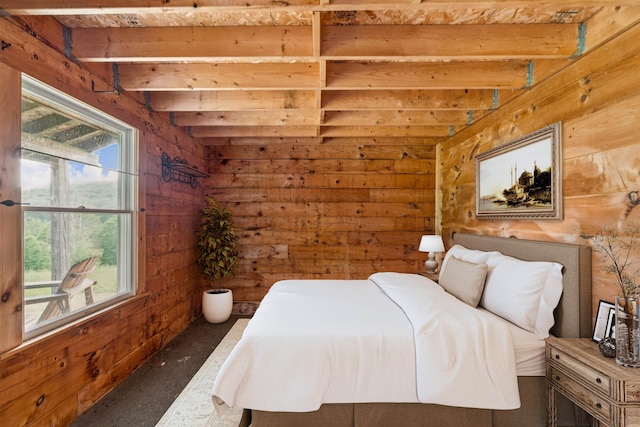 28 New Brighton Hill Rd, Tunbridge, VT 05077 - bedroom featuring wood walls and beamed ceiling