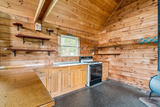 28 New Brighton Hill Rd, Tunbridge, VT 05077 - kitchen featuring gas range, wooden ceiling, open shelves, vaulted ceiling, and wood walls