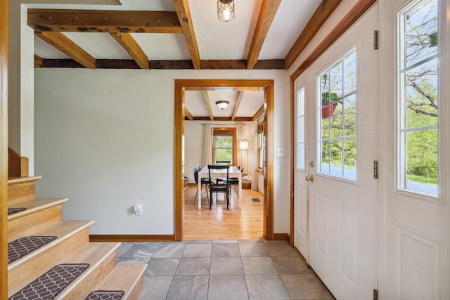 103 Potash Hill Rd, Tunbridge, VT 05077 - foyer featuring beamed ceiling, plenty of natural light, and stairway