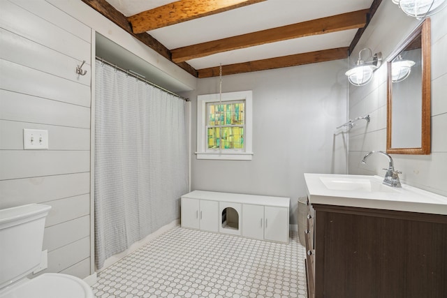 103 Potash Hill Rd, Tunbridge, VT 05077 - bathroom featuring vanity, beam ceiling, and a shower with curtain