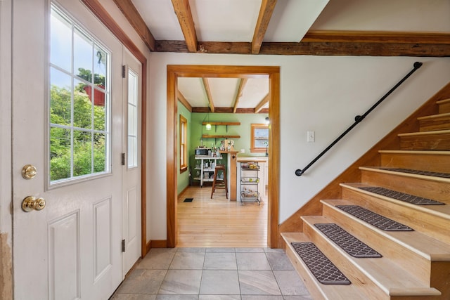 103 Potash Hill Rd, Tunbridge, VT 05077 - entrance foyer with beam ceiling and stairs