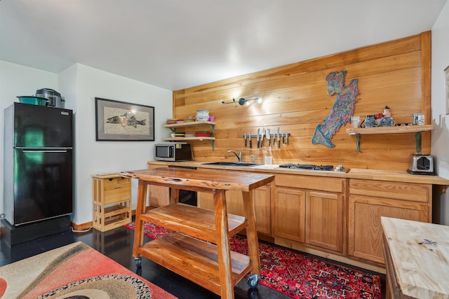 103 Potash Hill Rd, Tunbridge, VT 05077 - kitchen featuring wooden counters, freestanding refrigerator, open shelves, stainless steel microwave, and white gas stovetop