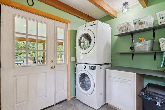 103 Potash Hill Rd, Tunbridge, VT 05077 - washroom with stacked washer / drying machine, cabinet space, light tile patterned floors, and an office area
