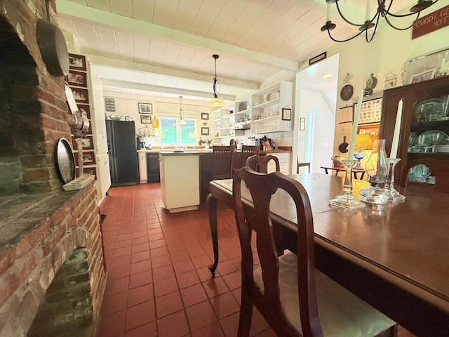 789 Hammond Hill Rd, West Windsor, VT 05089 - dining area featuring dark tile patterned floors, a wooden ceiling with exposed beams, and a chandelier