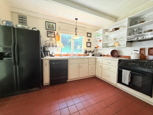 789 Hammond Hill Rd, West Windsor, VT 05089 - kitchen featuring black appliances, light countertops, open shelves, pendant lighting, and a wood ceiling with exposed beams