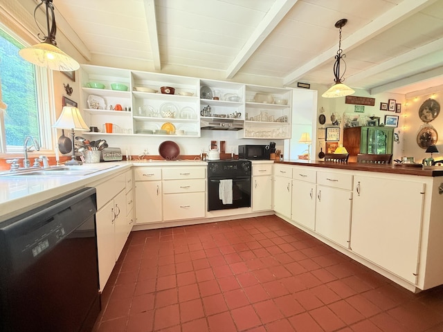 789 Hammond Hill Rd, West Windsor, VT 05089 - kitchen featuring black appliances, open shelves, beam ceiling, dark tile patterned flooring, and ventilation hood