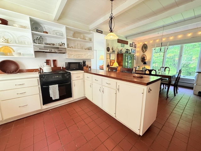 789 Hammond Hill Rd, West Windsor, VT 05089 - kitchen featuring black appliances, extractor fan, open shelves, dark tile patterned flooring, and beam ceiling