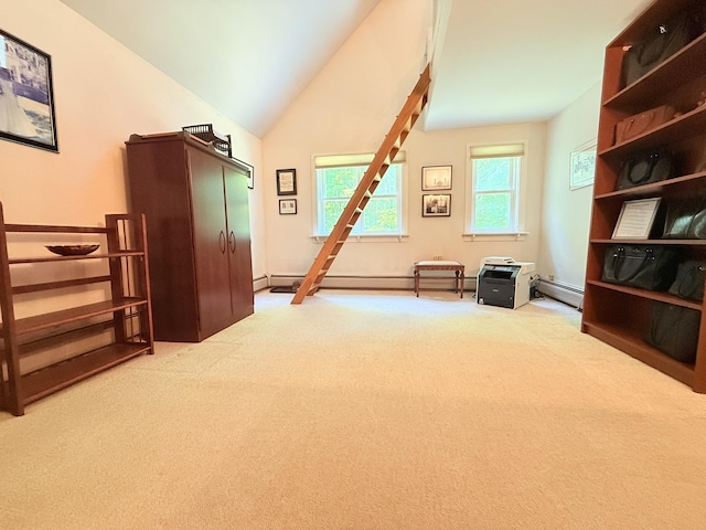 789 Hammond Hill Rd, West Windsor, VT 05089 - sitting room with carpet flooring, a baseboard heating unit, and lofted ceiling