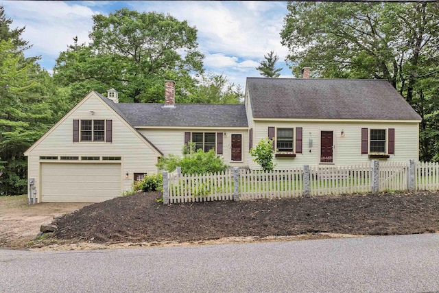 400 Turkey St, Tamworth, NH 03886 - view of front of property with a chimney, a fenced front yard, driveway, and an attached garage