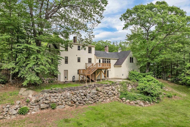 400 Turkey St, Tamworth, NH 03886 - rear view of house featuring stairway, a chimney, and a wooden deck